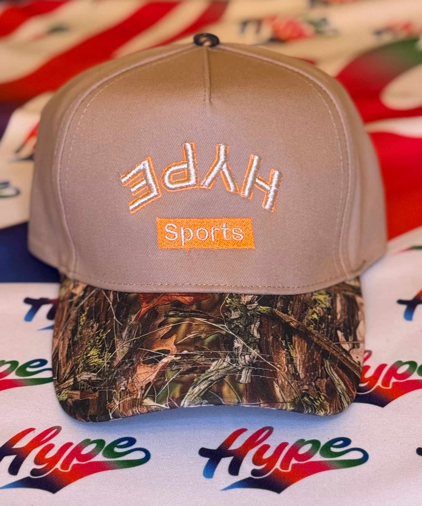 “ƎԀ⅄H Sports” Hat - Cream/Forest Camo