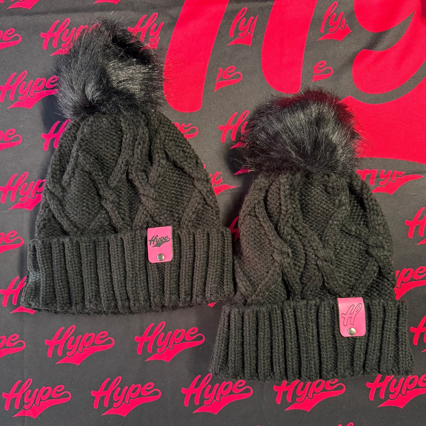 Hype Pink Patch Pom Beanie - Black