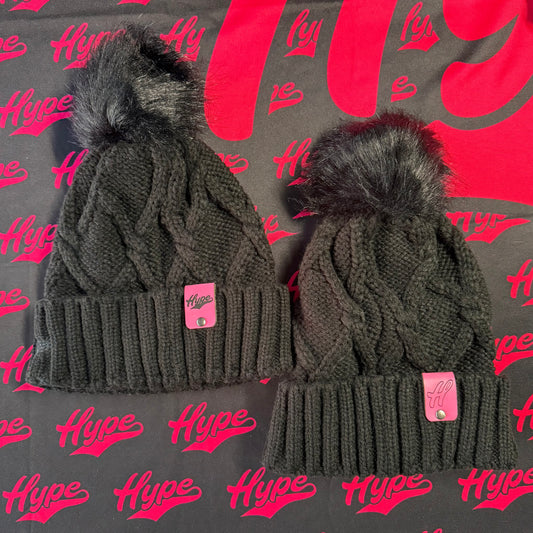 Hype Pink Patch Pom Beanie - Black